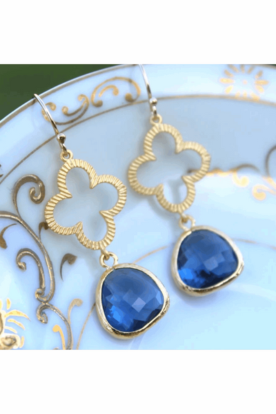 Clover Navy Blue Gold Plated Quatrefoil Earrings - The Fabulous Rag 