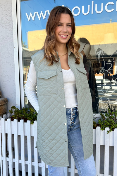 Paradiso Diamond Quilted Sage Long Vest - The Fabulous Rag 