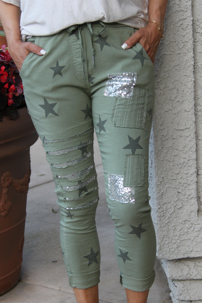 Bosa Sequin Patches Star Print Joggers - The Fabulous Rag 