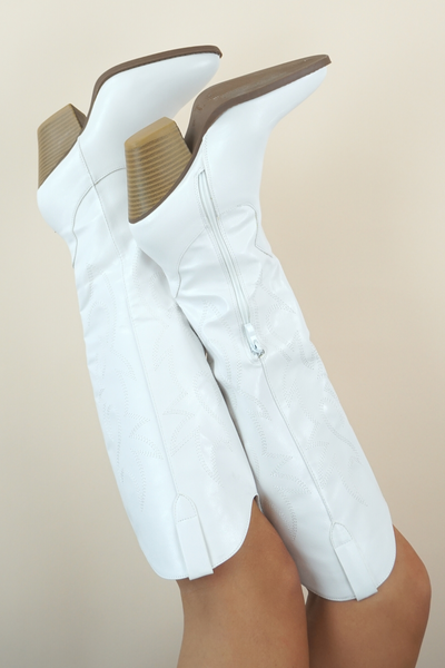 Carol Western Faux Leather White High Boots - The Fabulous Rag 