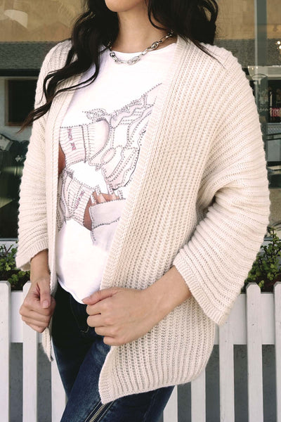 Bene Solid Open Front Knit Ivory Cardigan - The Fabulous Rag 